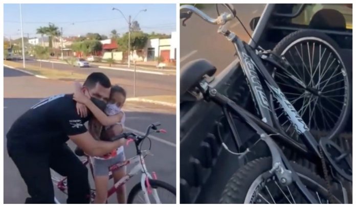 Militar dá uma bicicleta nova a uma menina que tinha que caminhar para a escola